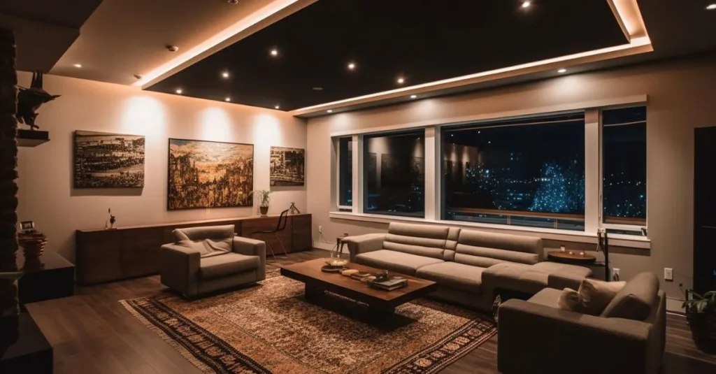 Sala automatizada com luzes inteligentes para economia de energia em casa inteligente