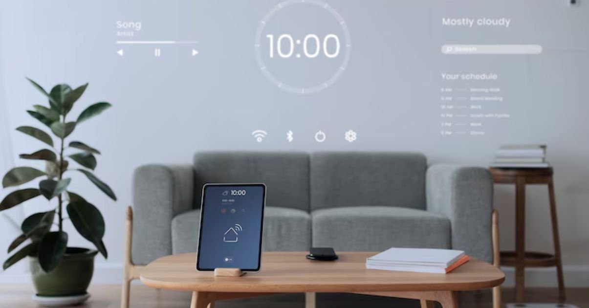 Sala de estar moderna equipada com iluminação inteligente e ambiente aconchegante