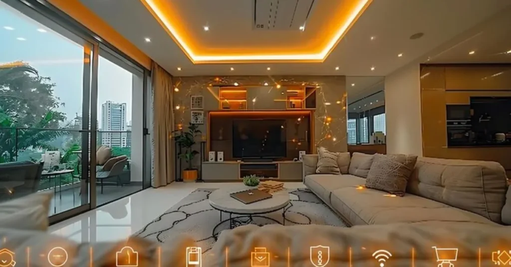 Sala de estar moderna equipada com iluminação inteligente e ambiente aconchegante